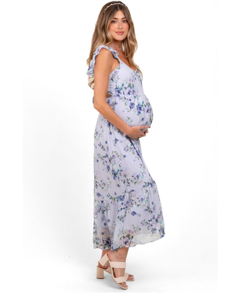 Women's Lilac Floral Textured Open Back Tie Maxi Dress