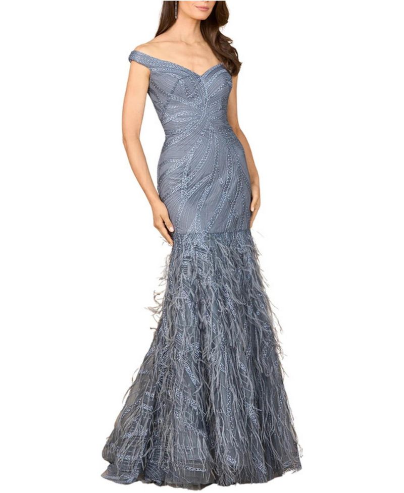 Off Shoulder Mermaid Beaded Gown with Feathers