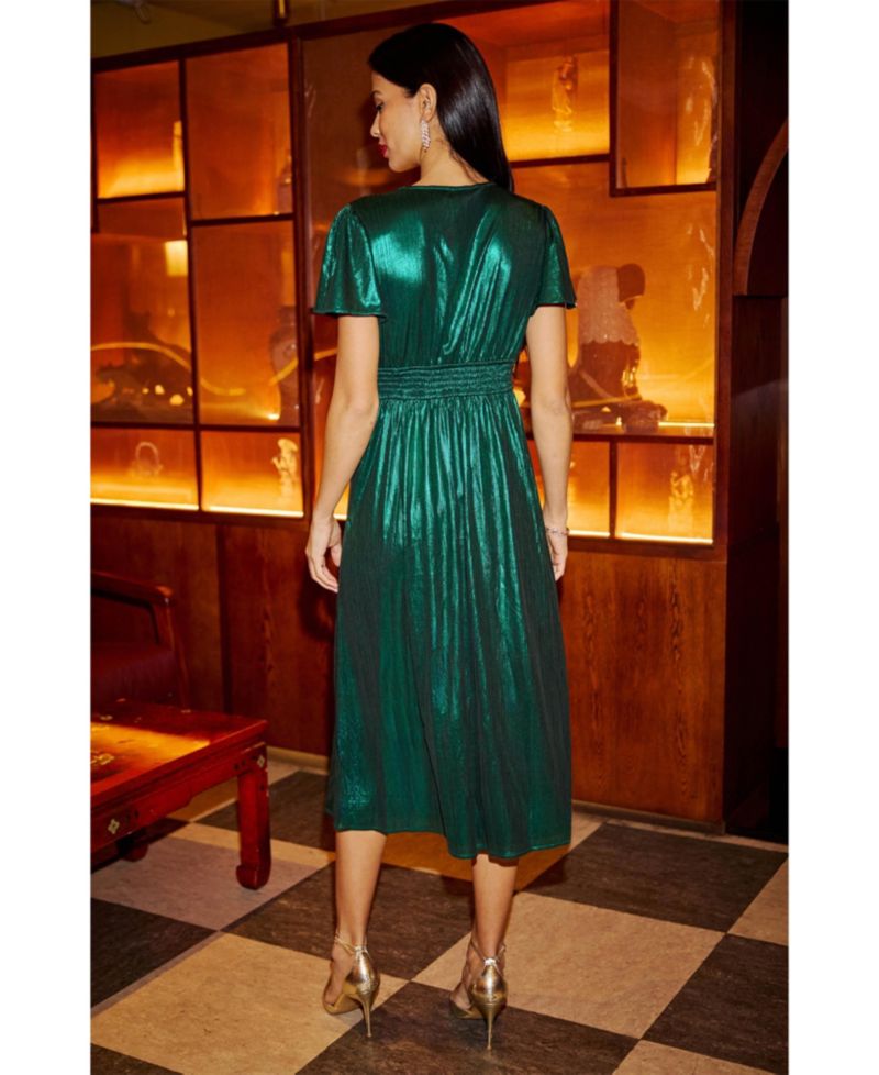 Women's Metallic Ruched Midi Dress