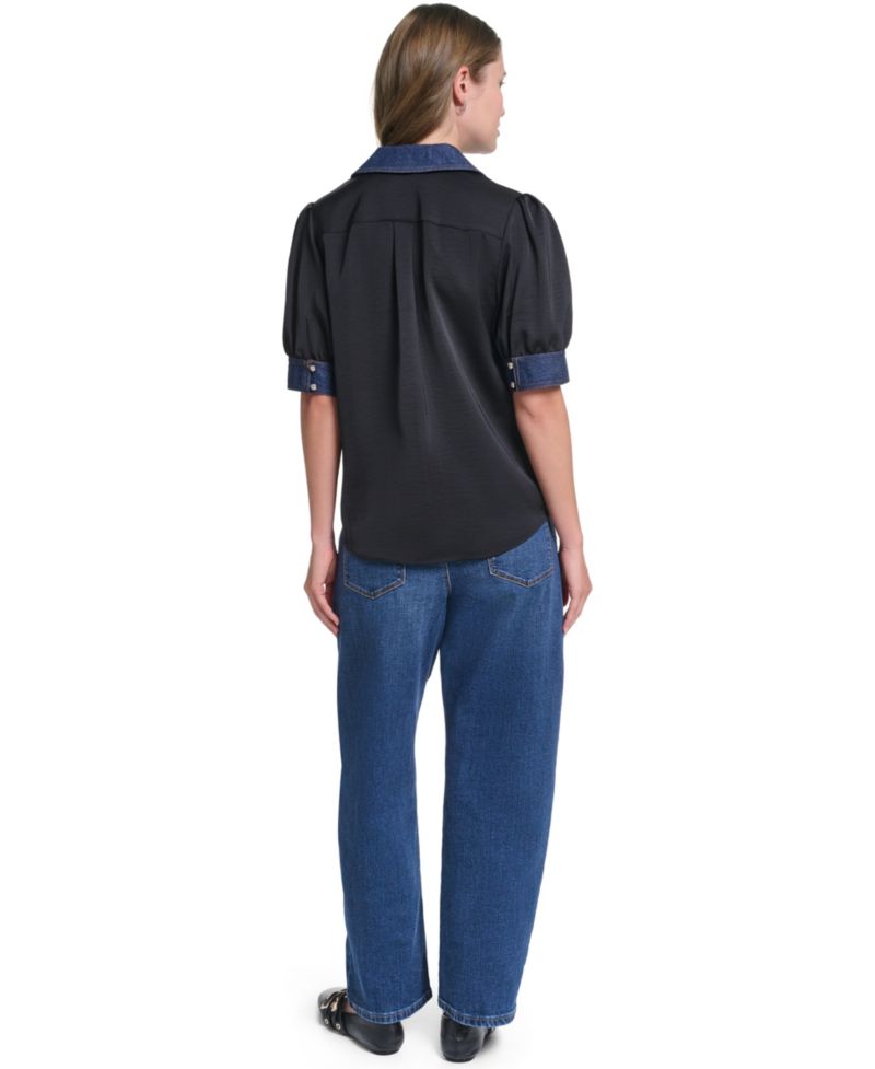 Petite Denim Collar Button-Front Blouse