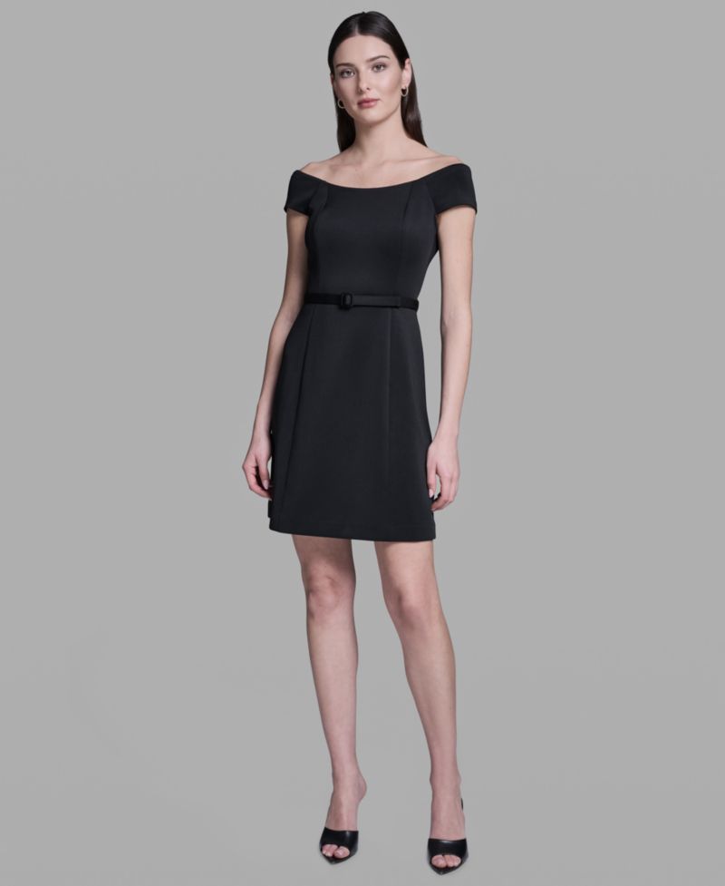 Women's Off-The-Shoulder Scuba Belted Mini Fit & Flare Dress