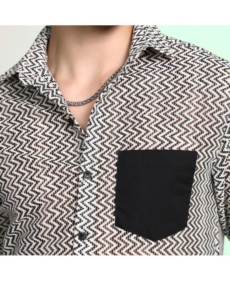 Men's Onyx Black & Cream White Zig-Zag Block Shirt