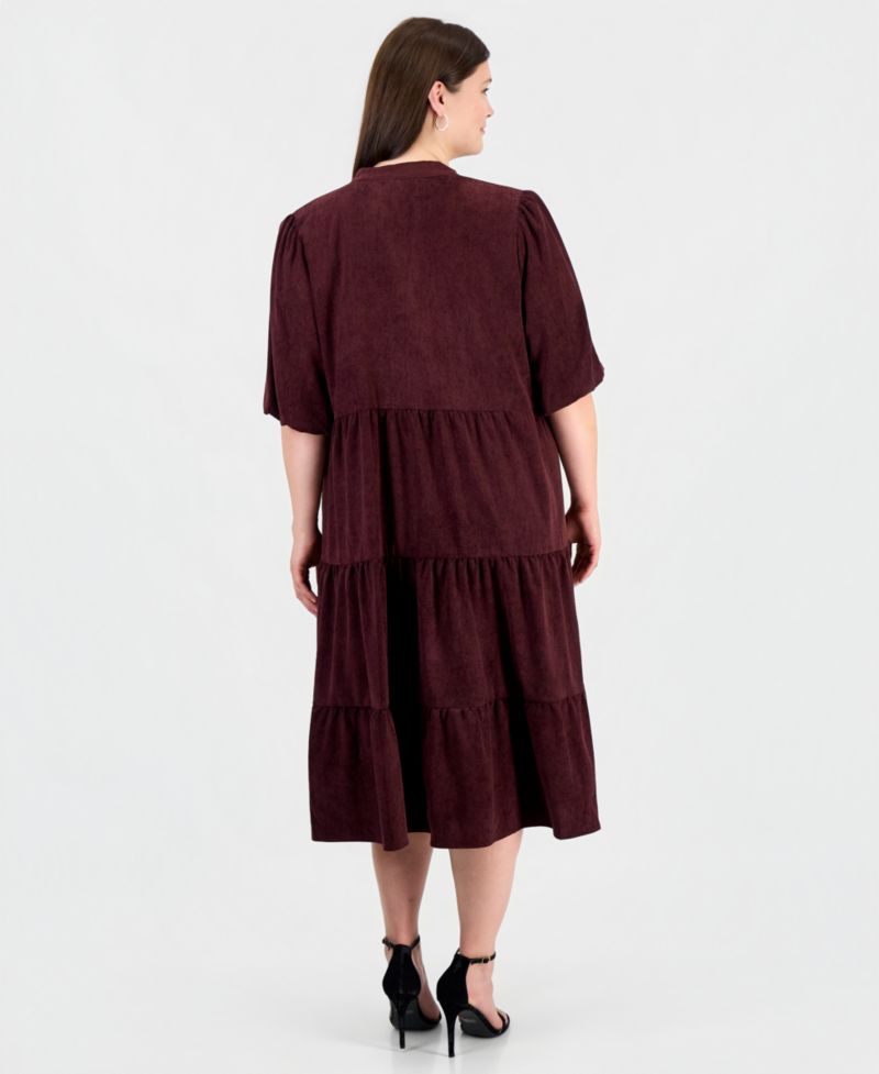 Plus Size Corduroy Puff-Sleeve Tiered Dress