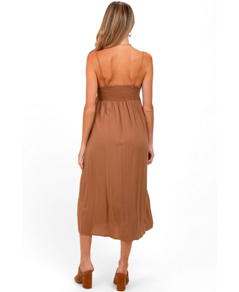 Women's Camel Front Tie Sleeveless Midi Dress