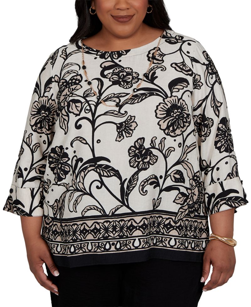 Plus Size 3/4-Sleeve Crewneck Scroll-Border Blouse with Necklace