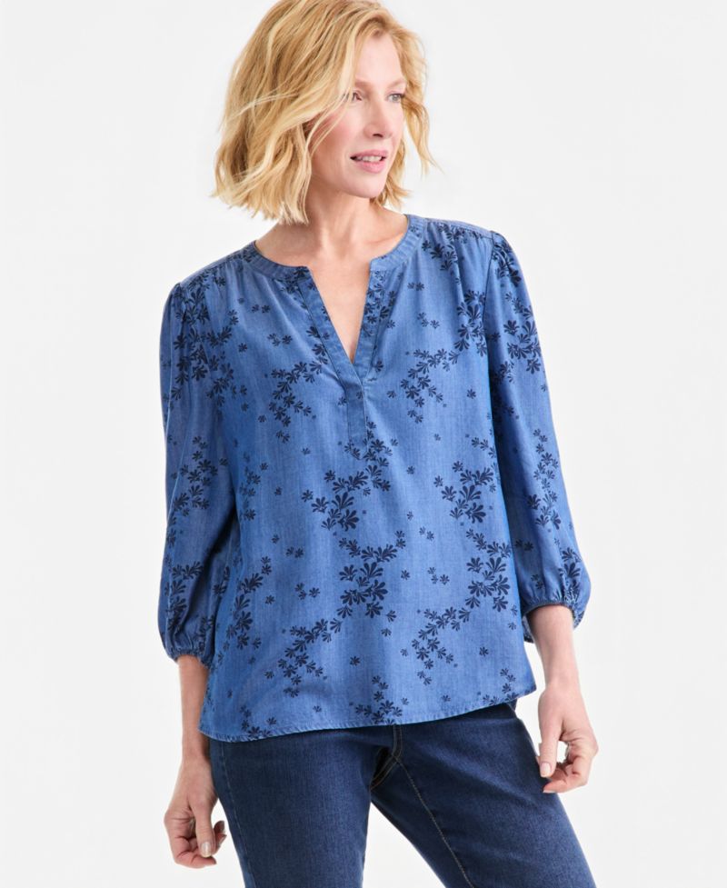 Petite V-Neck Floral-Print 3/4-Sleeve Blouse