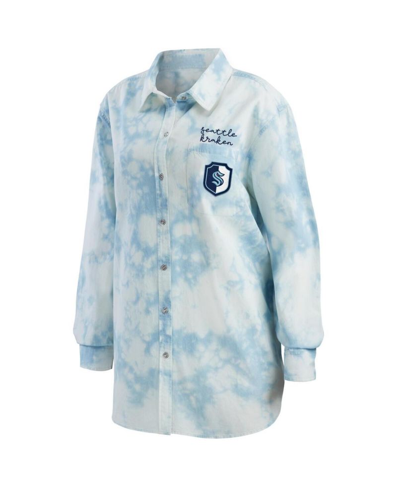 Women's White Seattle Kraken Oversized Tie-Dye Button-Up Denim Shirt