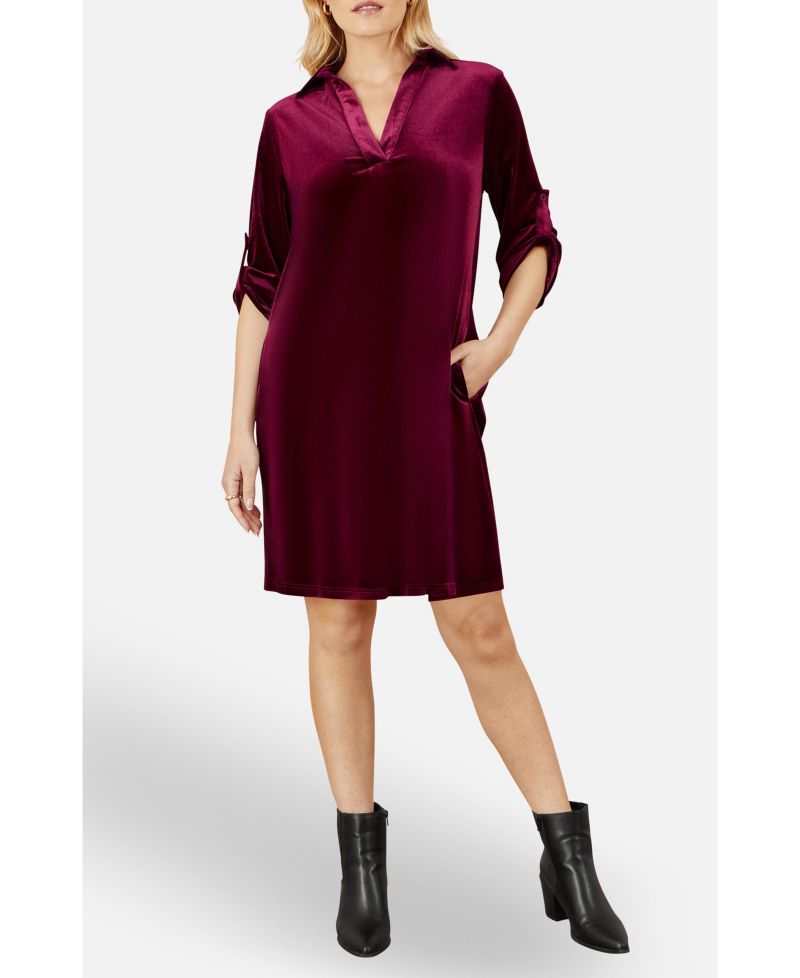 Women's Velvet Sleeve Collared Tunic Dress