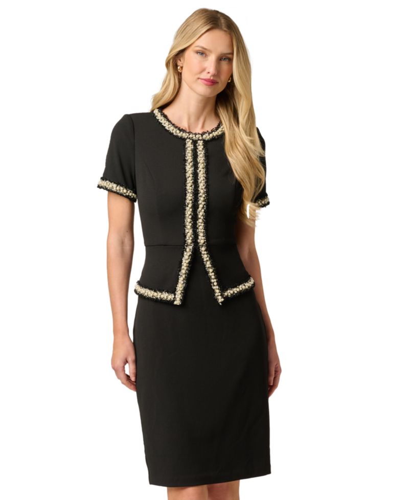 Petite Crewneck Faux-jacket Overlay Crepe Sheath Dress