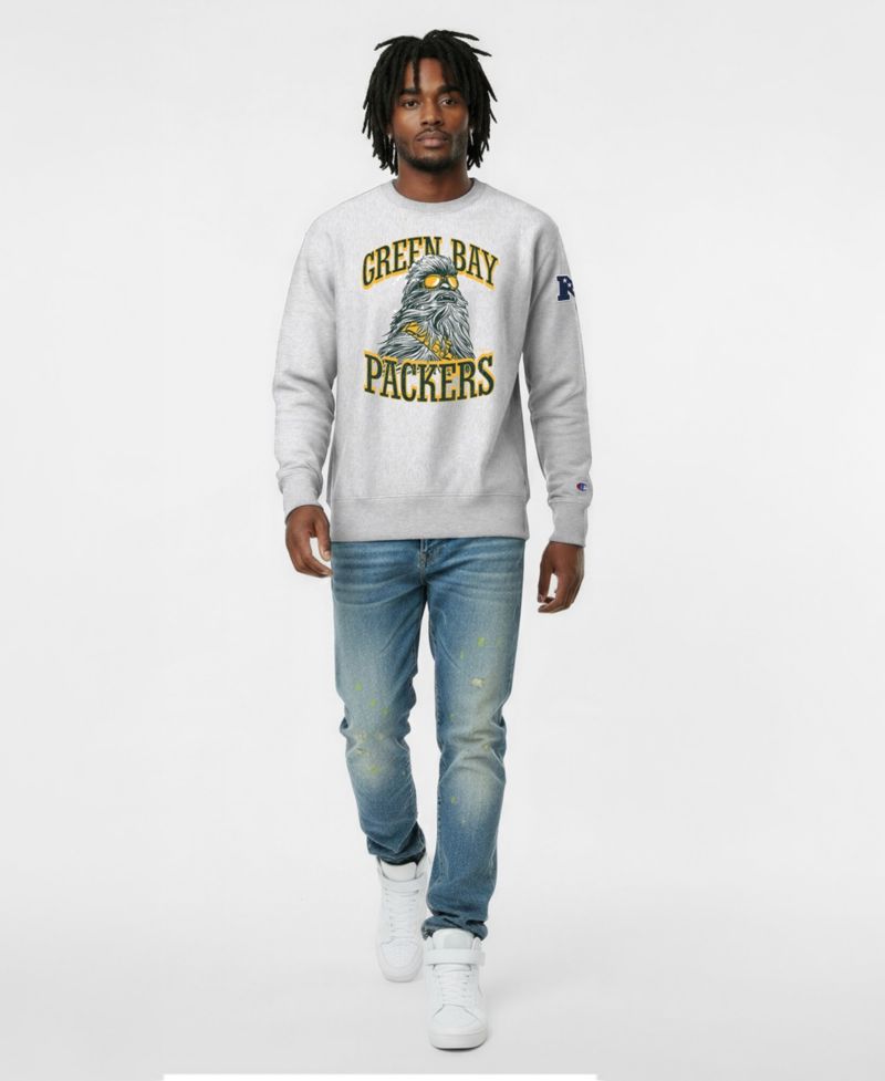 Men's Silver Green Bay Packers Disney X Champion Reverse Weave Fleece Crewneck Sweatshirt