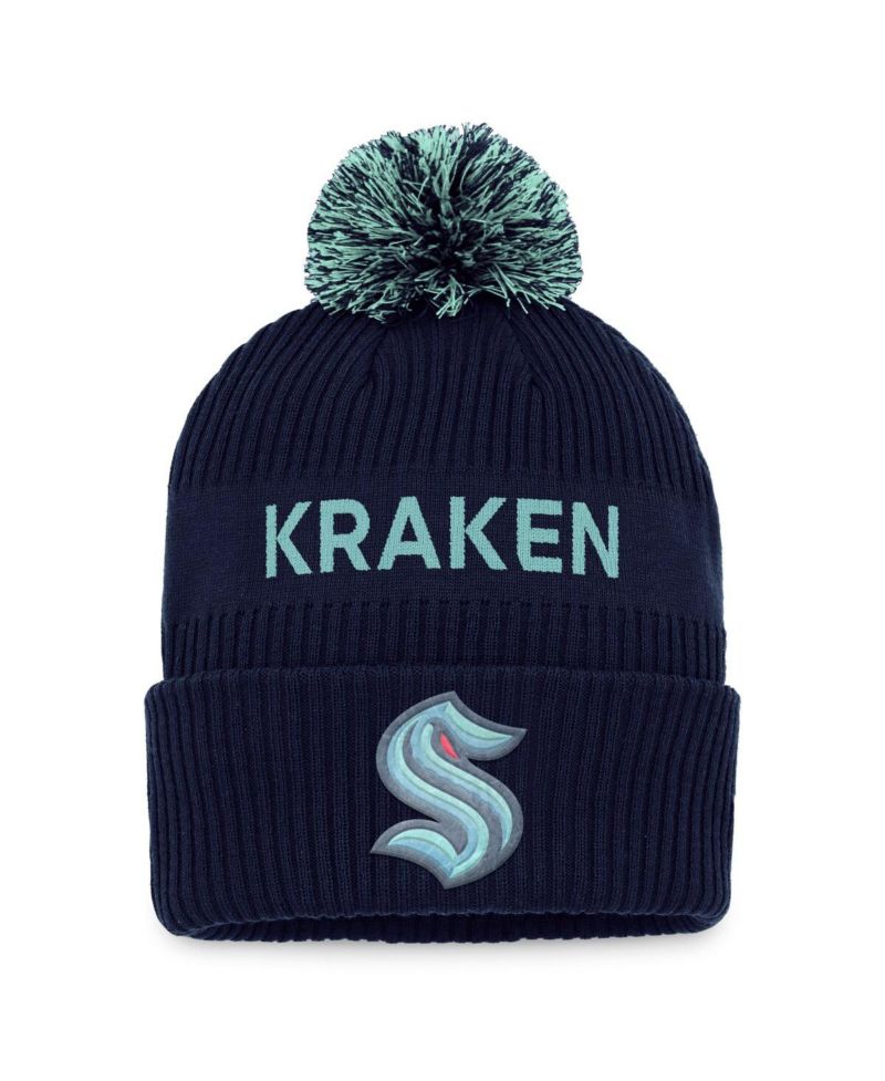 Men's Deep Sea Blue, Light Blue Seattle Kraken 2022 NHL Draft Authentic Pro Cuffed Knit Hat with Pom