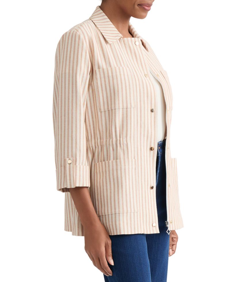 Women's Herringbone-Stripe Cotton Patch-Pocket Anorak Jacket