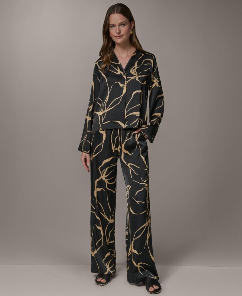 Women's Button-Up Top and Printed Wide-Leg Pull-On Pants