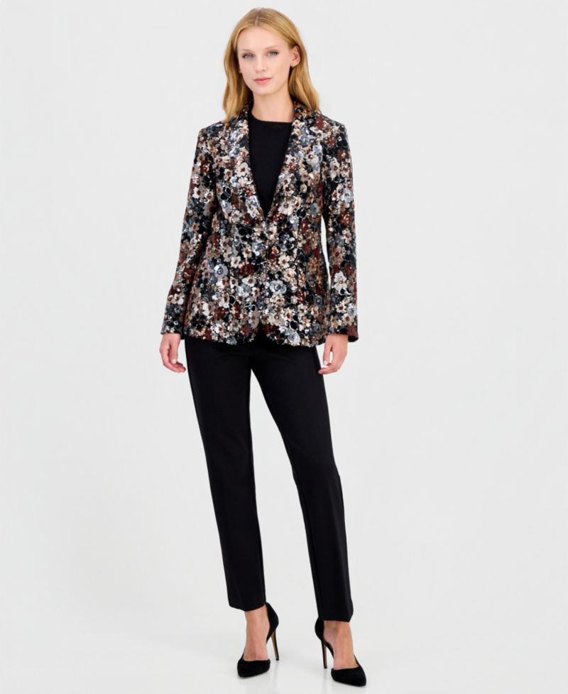 Women's Floral Sequin One-Button Blazer