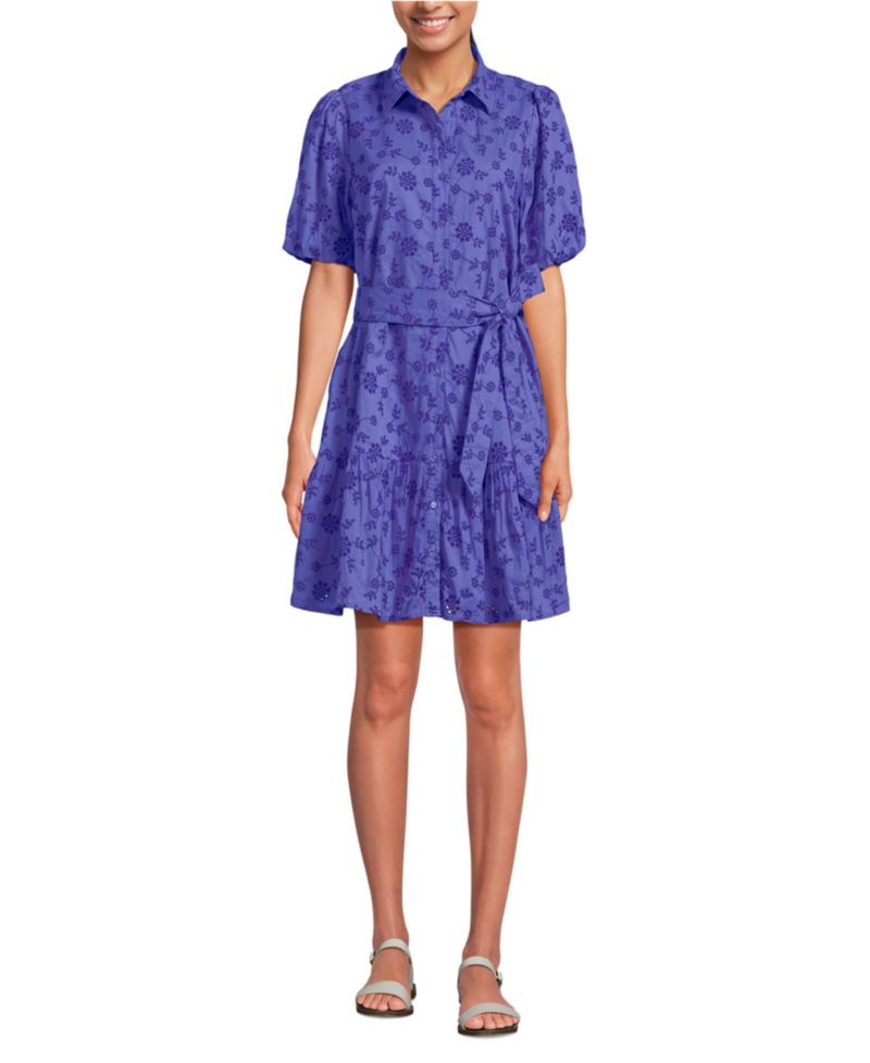 Women's Elbow Sleeve Eyelet Knee Length Shirt Dress