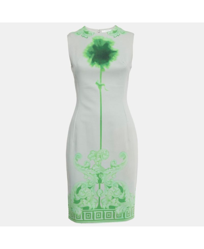 Women's Collection Grey /green Printed Cotton and Crepe Sheath Dress