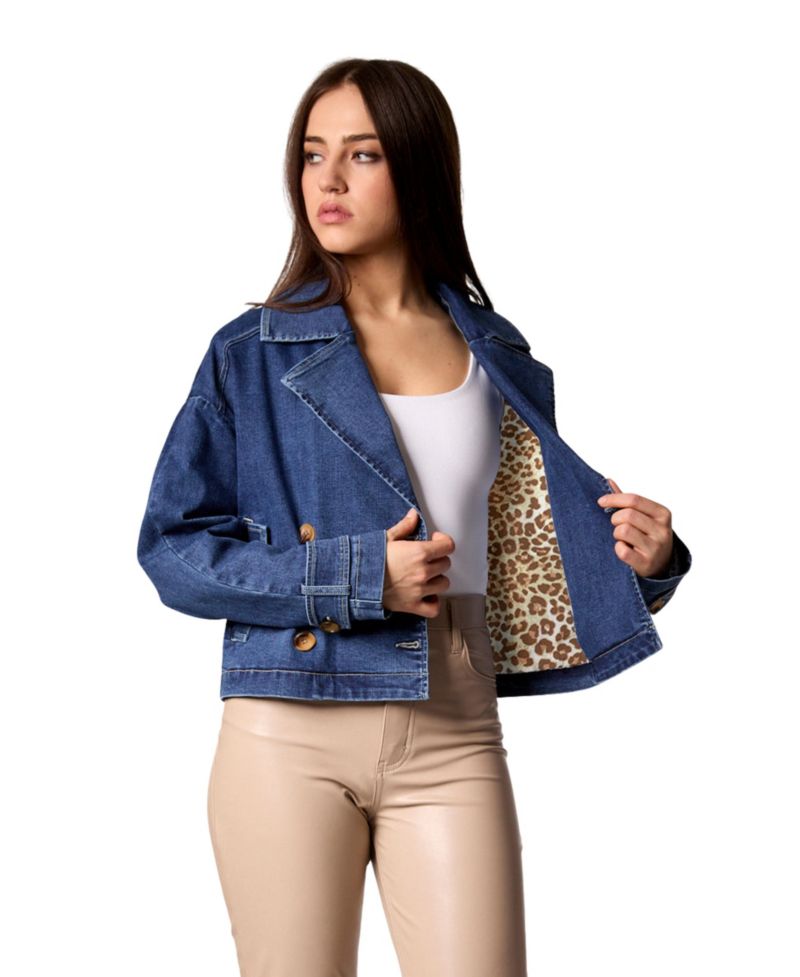 Women's Cropped Denim Double-Breasted Trench Jacket