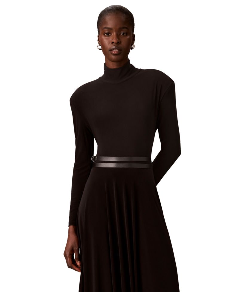 Petite Belted Long-Sleeve Turtleneck A-Line Dress