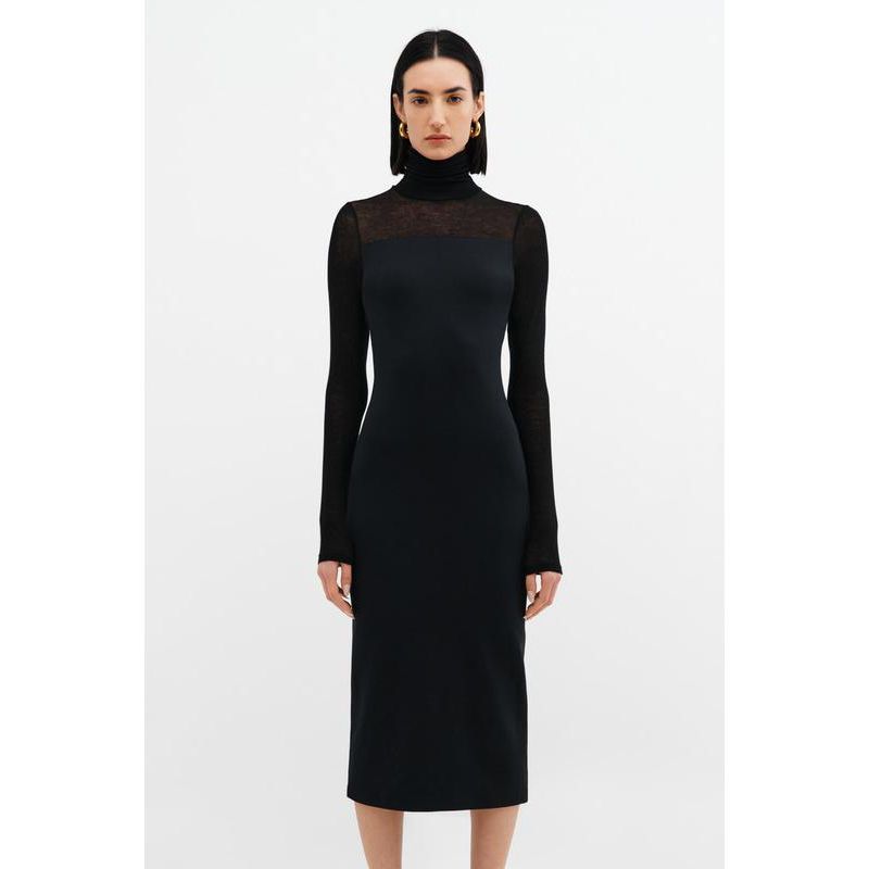 Women's Marina Fitted Turtleneck Midi Dress with Sheer Jersey Sleeves