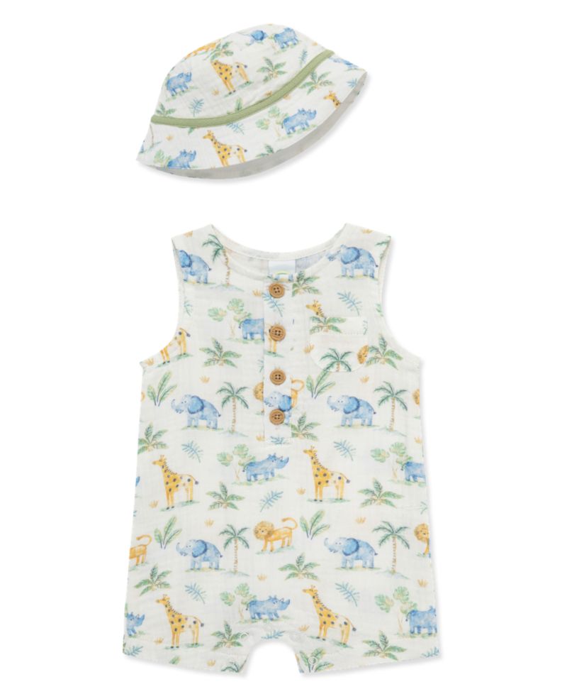 Baby Boys' Jungle Sleeveless Romper and Hat, 2-Piece Set