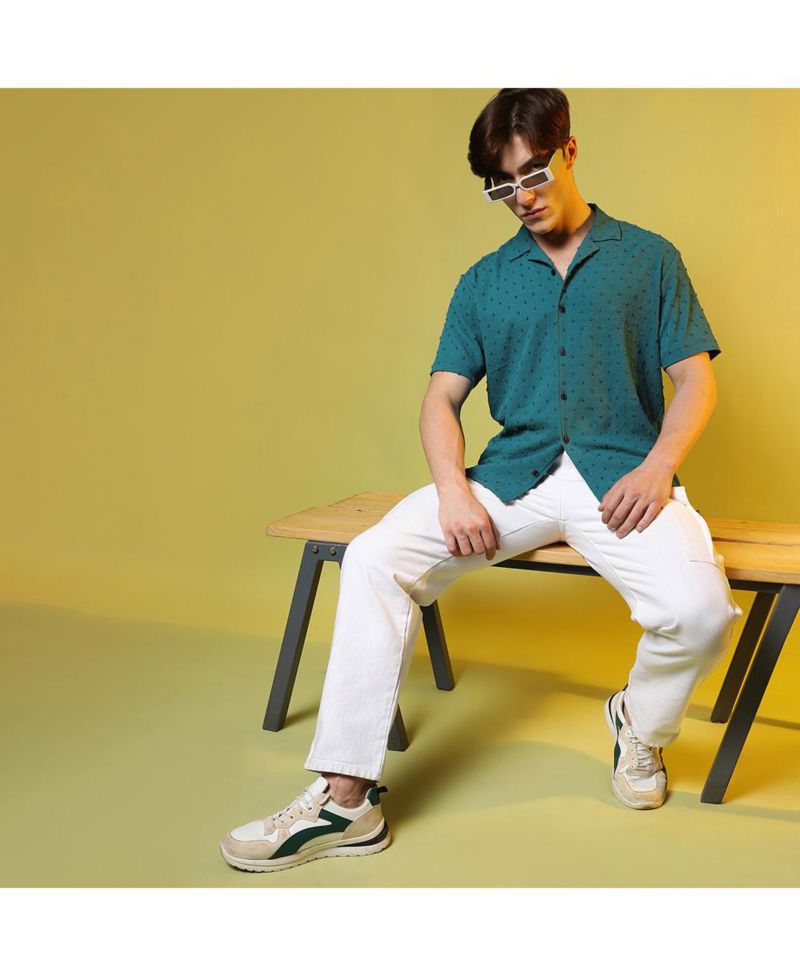 Men's Teal Green Self-Design Pom-Pom Shirt