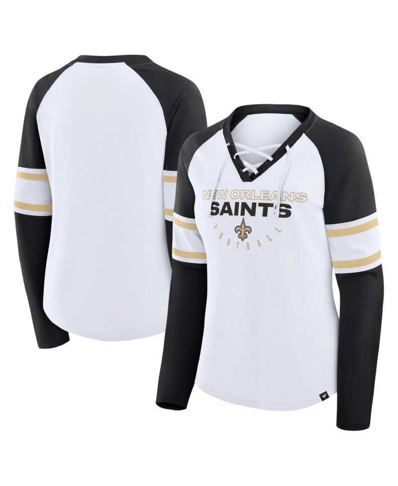 Women's White/Black New Orleans Saints Redzone Blitz Package Raglan Lace-Up V-Neck Long Sleeve T-Shirt