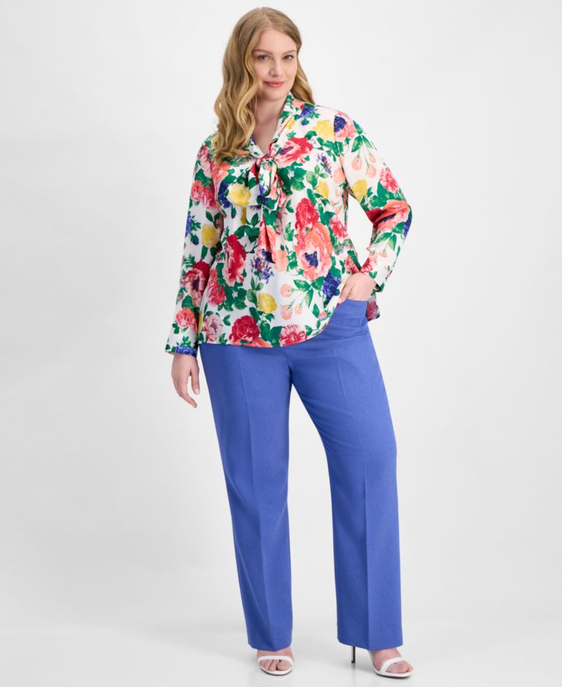 ASL Plus Size Floral Print Tie-Neck Blouse
