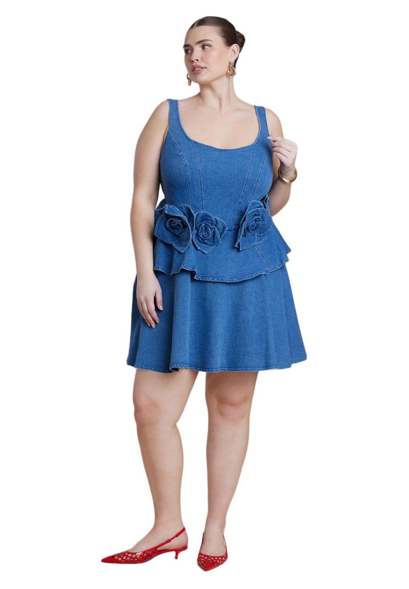 Women's Denim Flower Applique Mini Dress