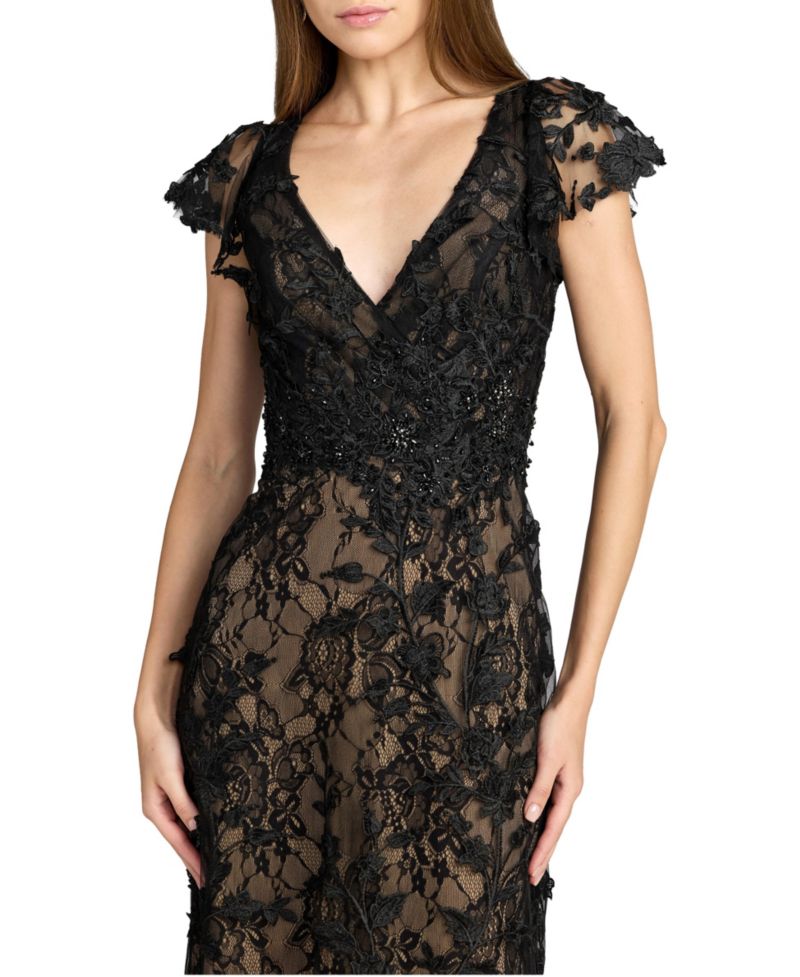 Women's Embroidered Applique Wrap Over Flutter Sleeve Gown