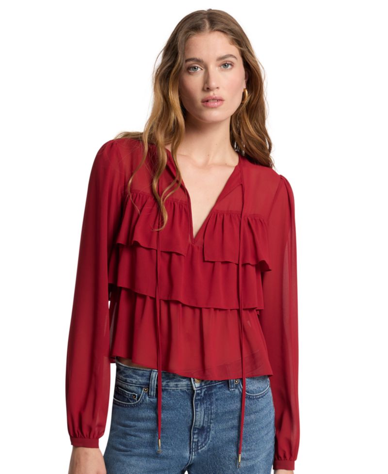 Women's Long-Sleeve Chiffon Ruffle-Tier Blouse