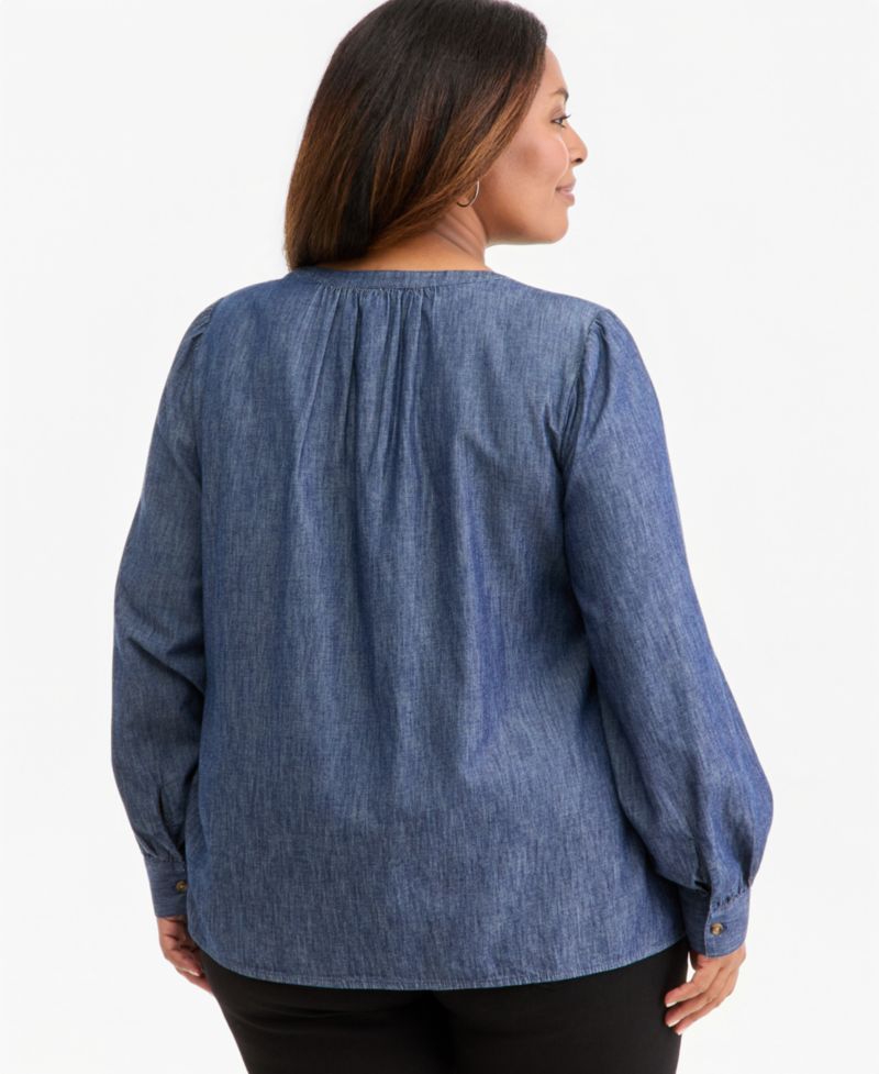 Plus Size Chambray Pintuck Long-Sleeve Top