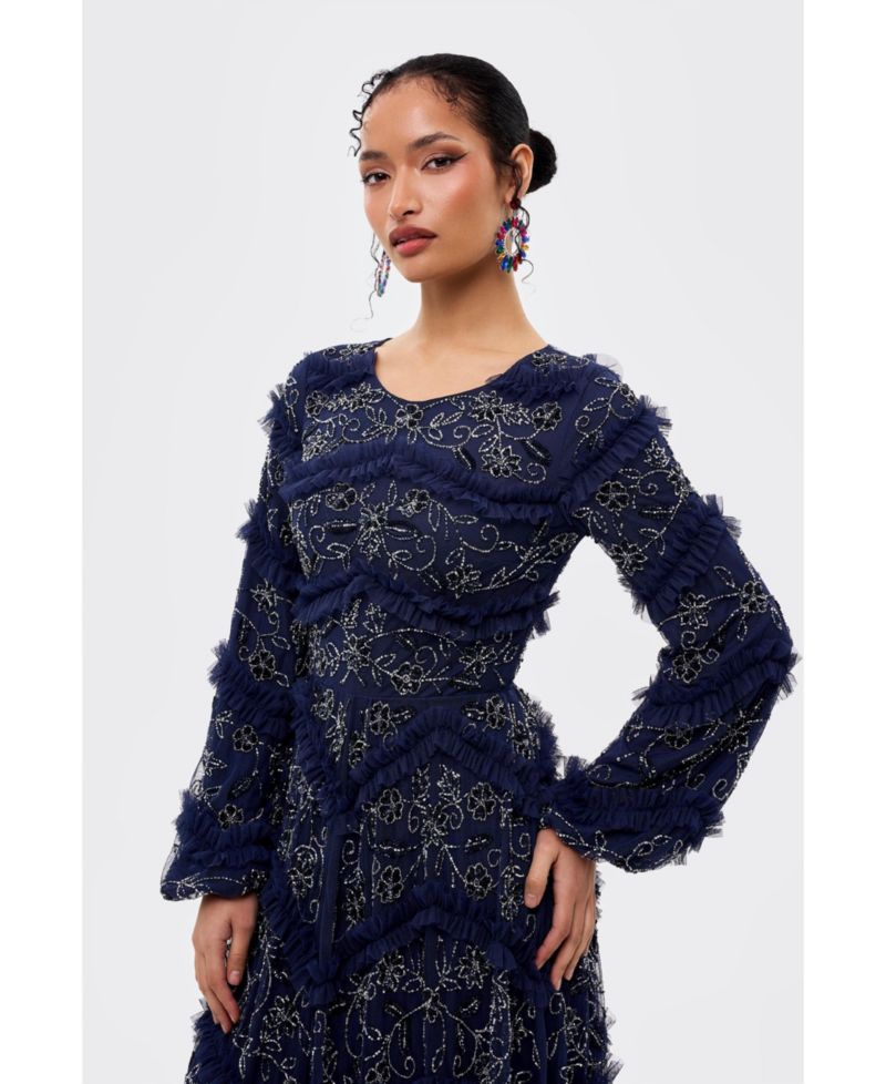 Women's Modest Embellished Sequins Ruffle Maxi Dress