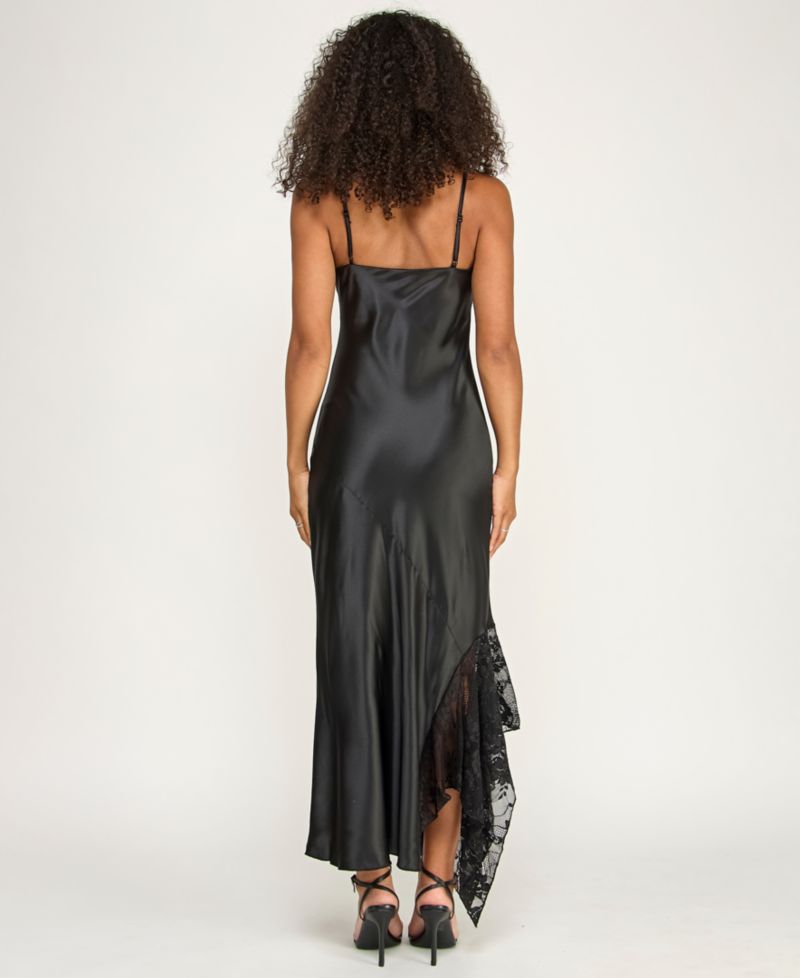 Juniors' Sleeveless V-Neck Satin and Lace Slip Dress