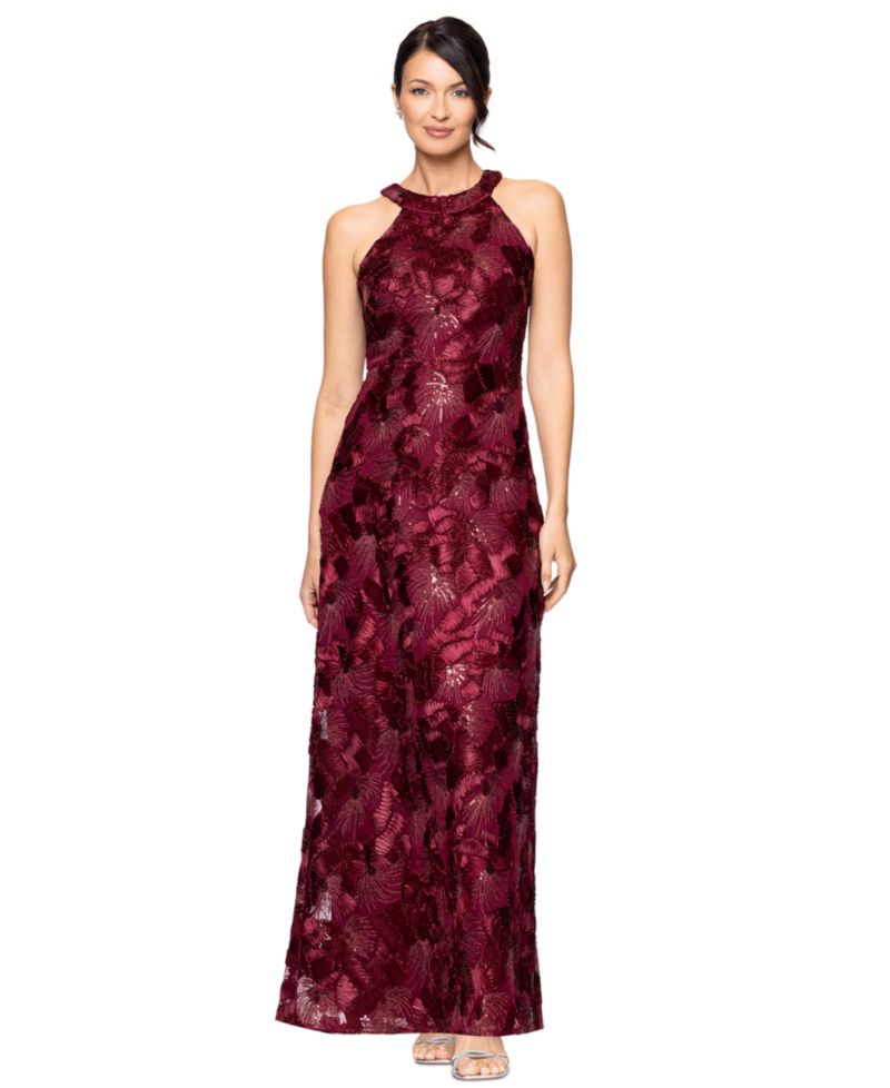 Petite Sequined Soutache Halter Gown