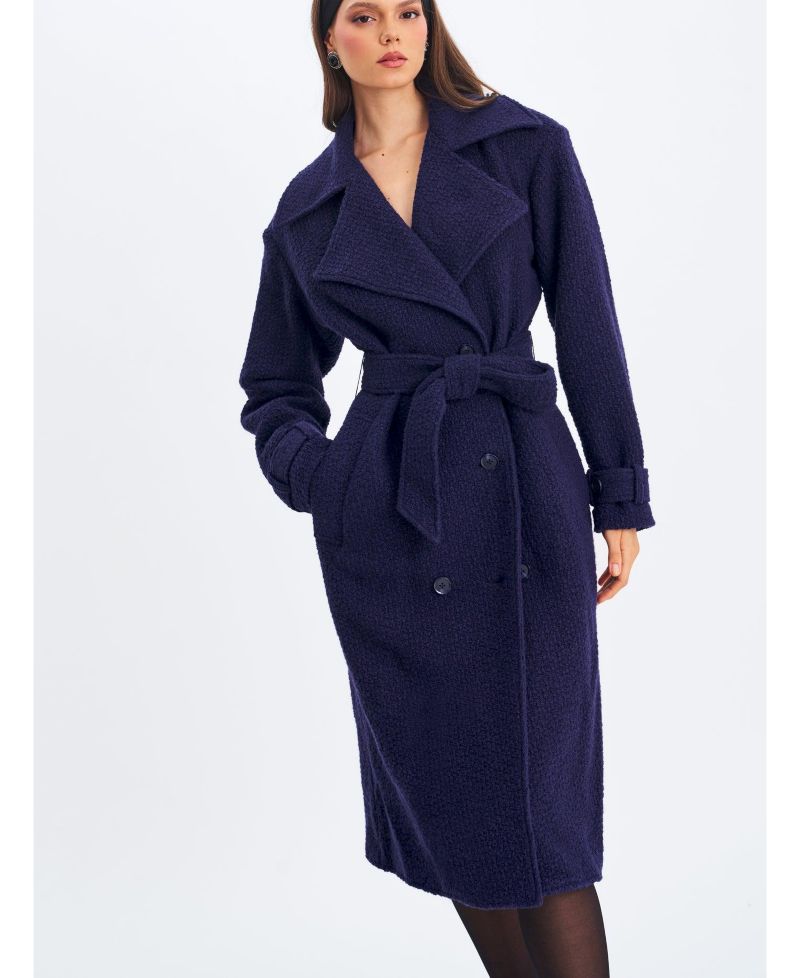 Women Jaelyn Midnight Blue Wool Blend Double-Breasted Belted Coat