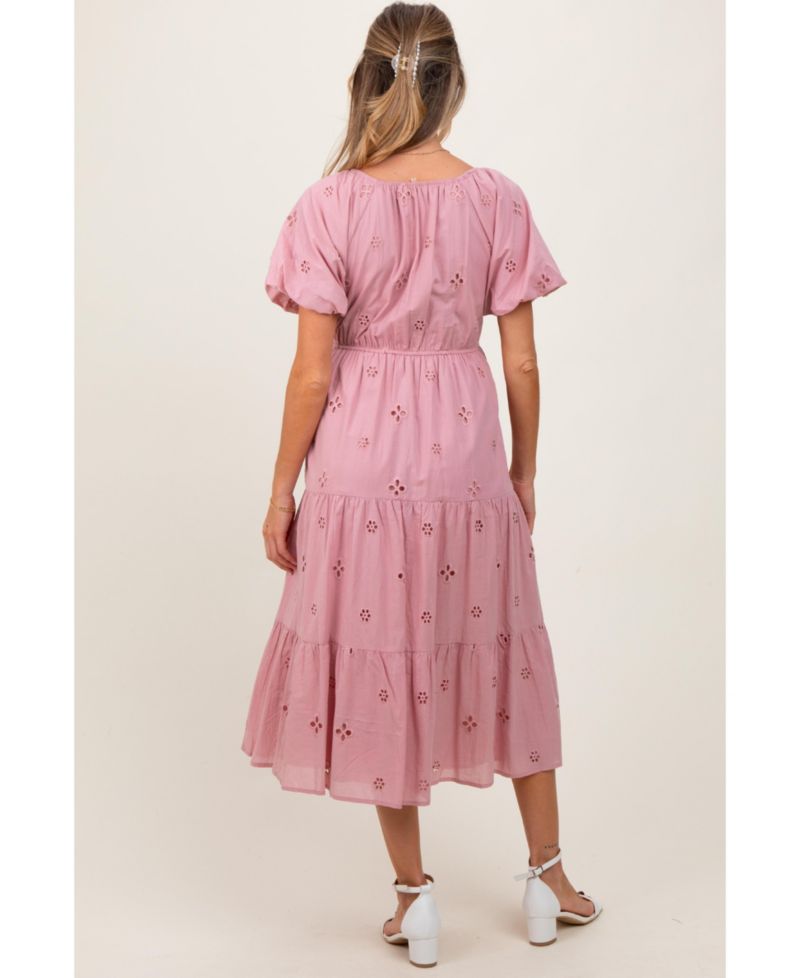 Women's Pink Eyelet Square Neck Midi Dress