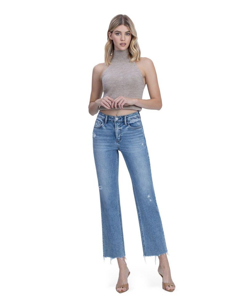 Women's High Rise Distressed Detail Ankle Straight Jeans