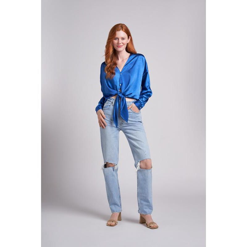 Women's Emma Oversized Crinkled Satin Button and Tie Front Cropped Blouse