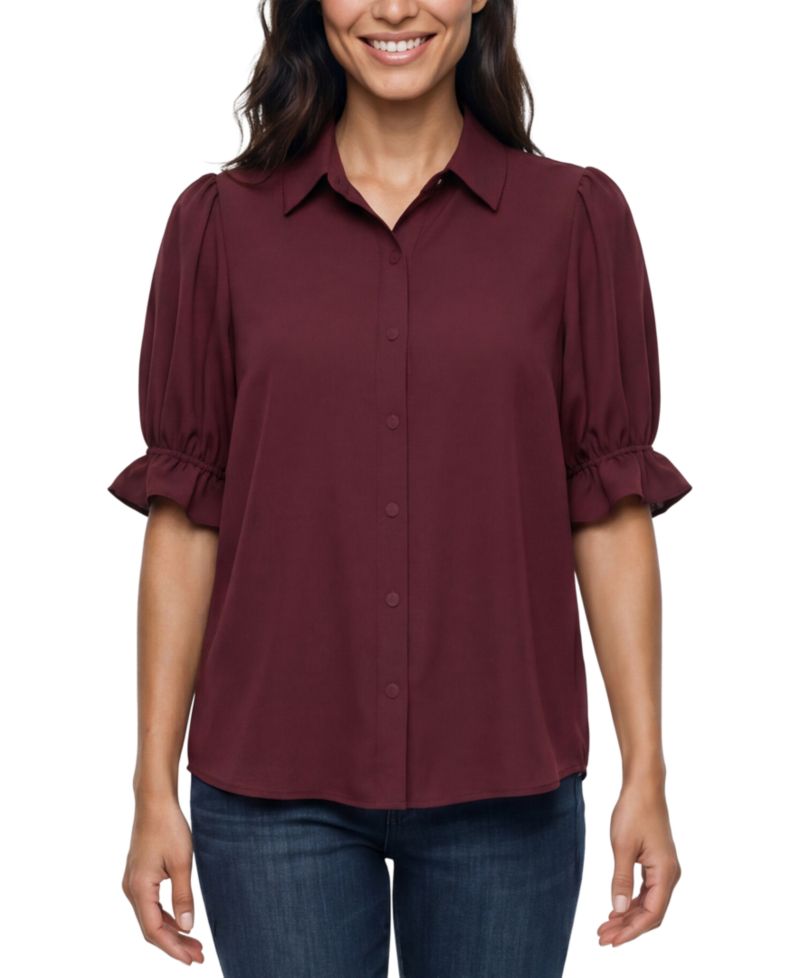 Women's Elbow Puff Sleeve Snap Front Collar Top