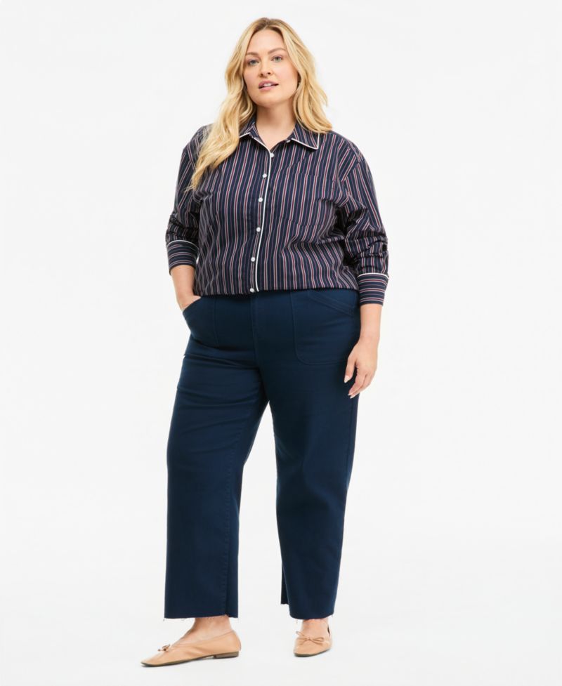 Plus Size Striped Poplin Long-Sleeve Button Down Shirt