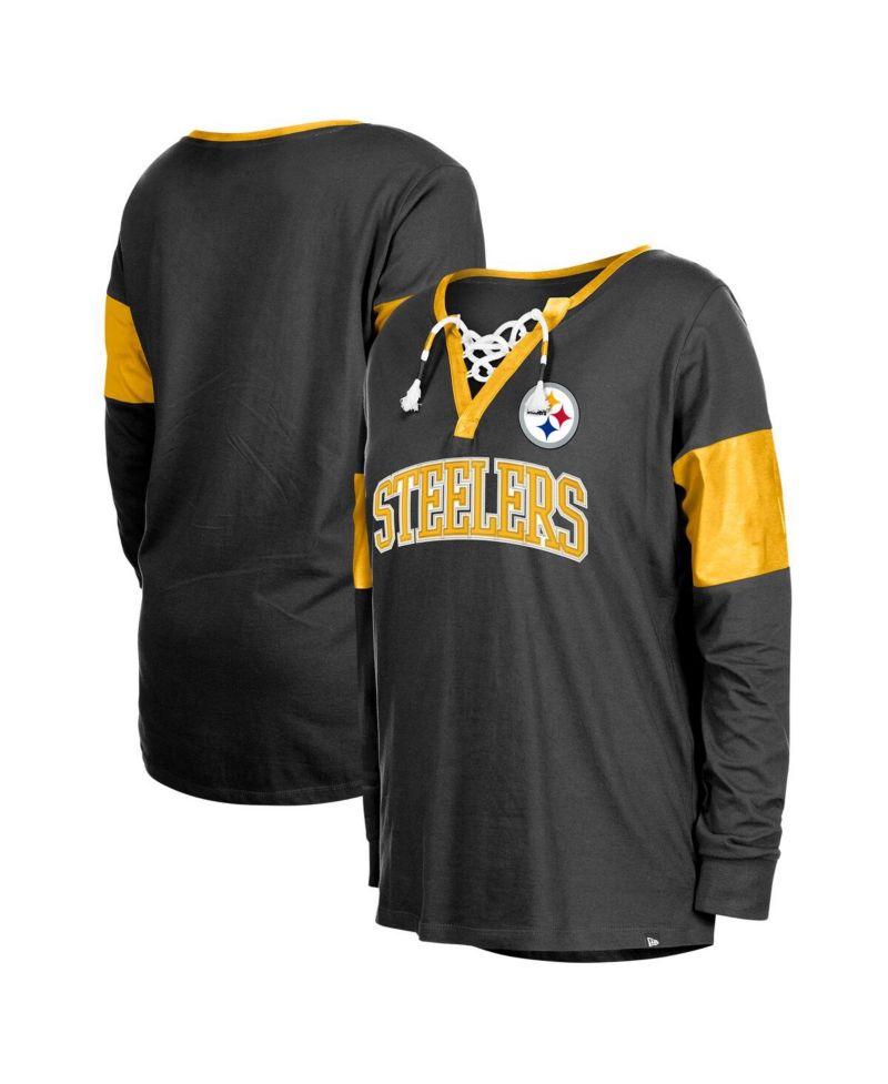 Women's Black Pittsburgh Steelers Lace-Up Notch-Neck Long Sleeve T-Shirt