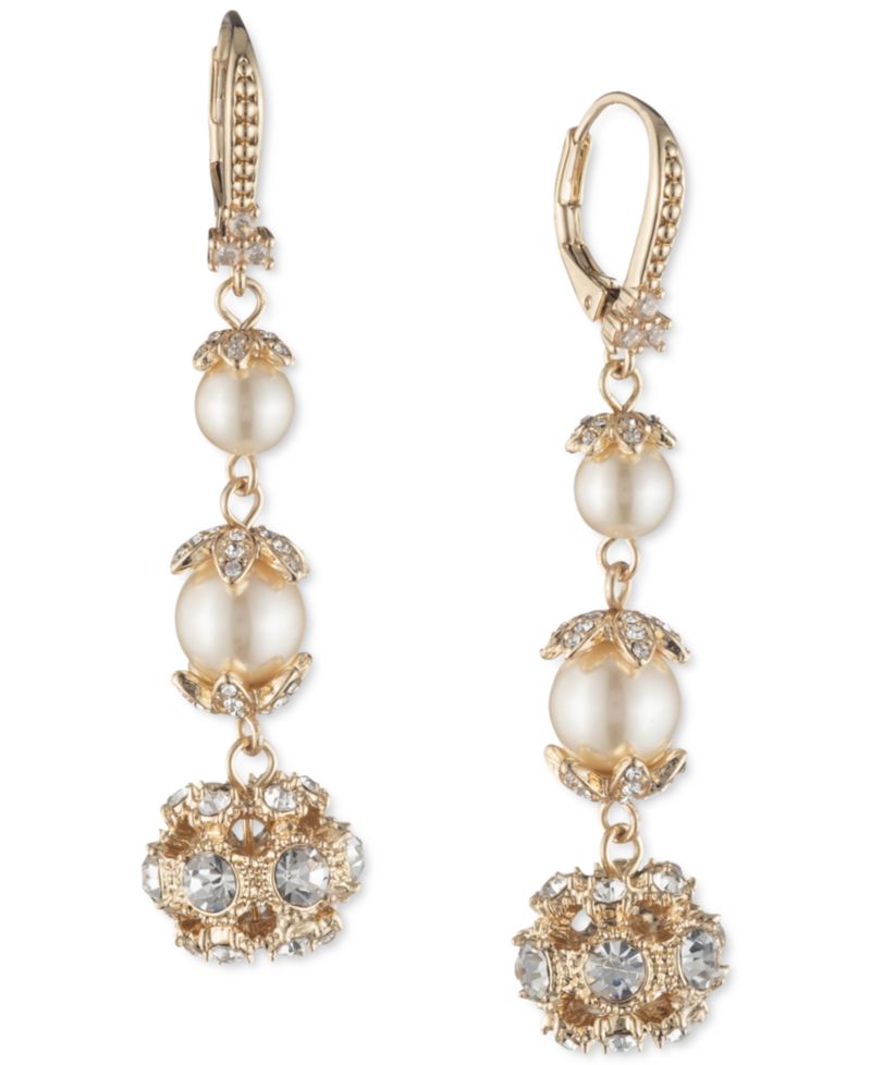 Gold-Tone Pav&eacute; Ball & Imitation Pearl Triple Drop Earrings