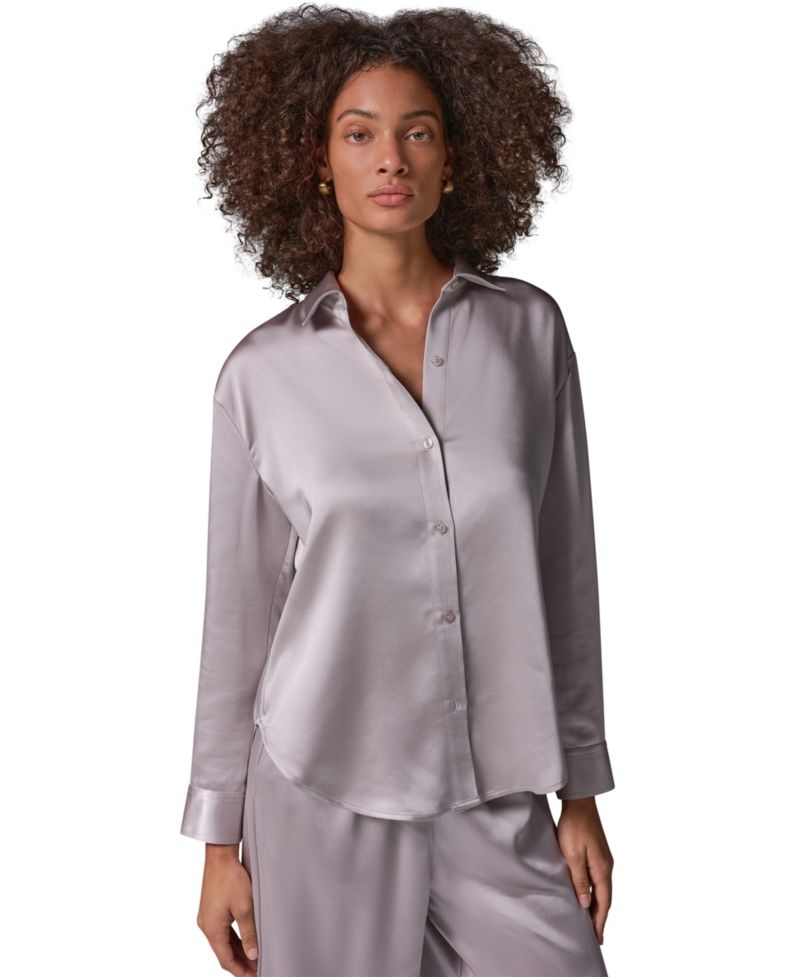 Women's Satin Long-Sleeve Button-Down Blouse