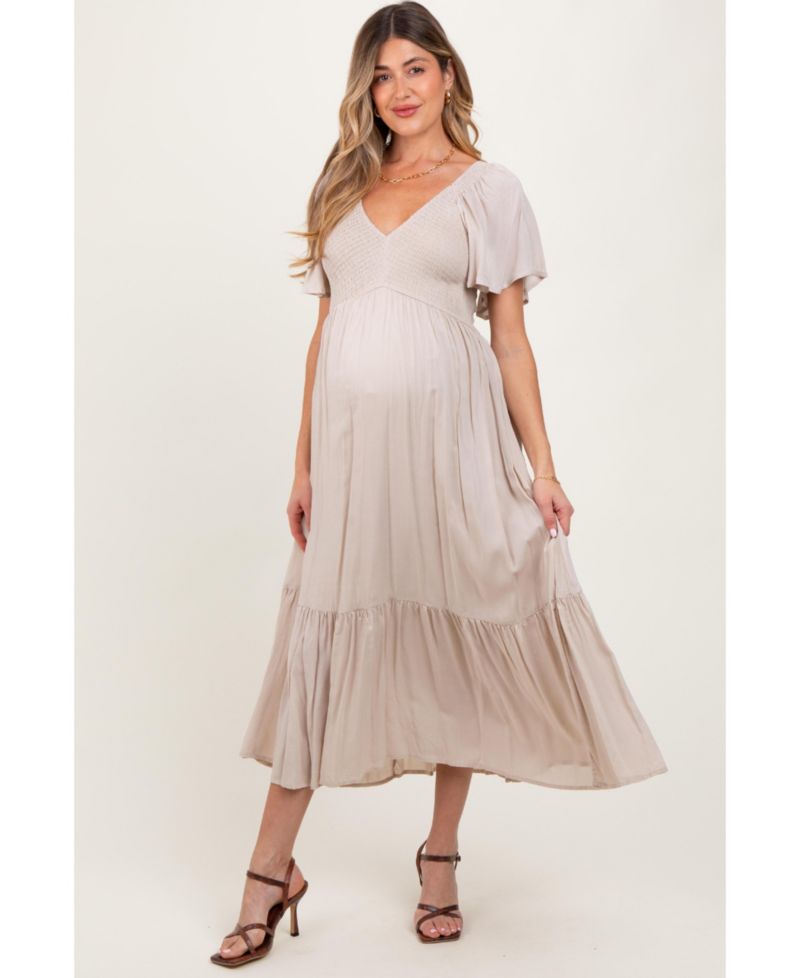 Women's Cream Smocked Flutter Sleeve Midi Dress