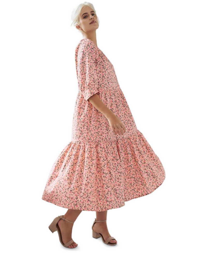 Women's 100% Cotton Tiered Below-Elbow Sleeve Midi Dress
