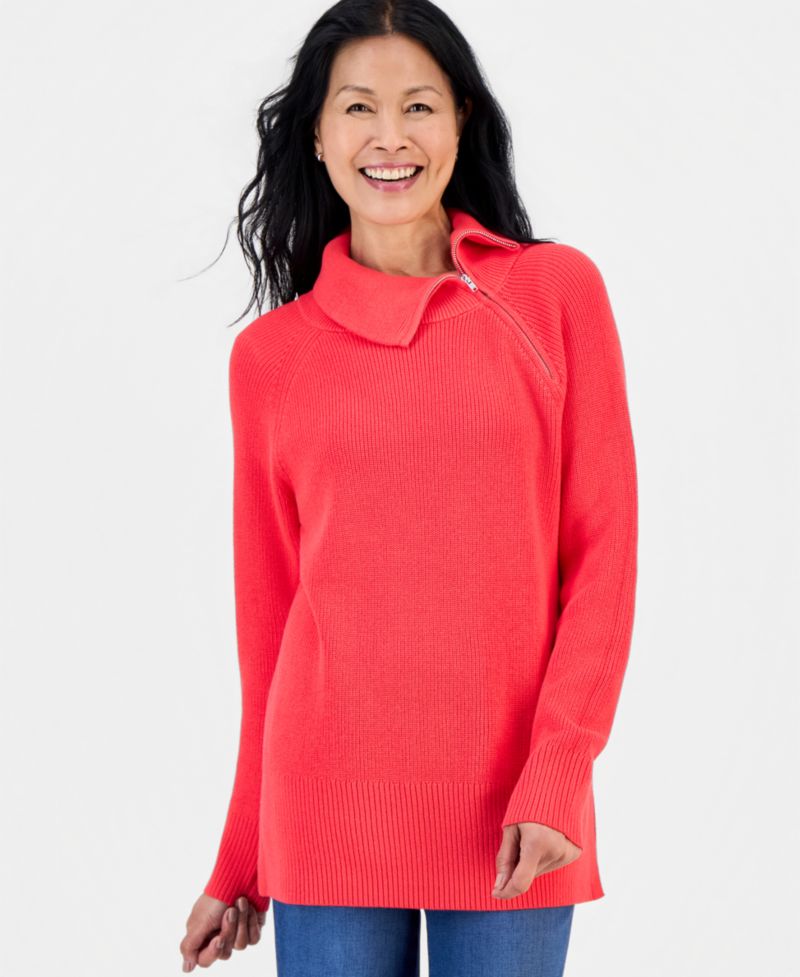Petite High-Neck Zip Cotton Sweater