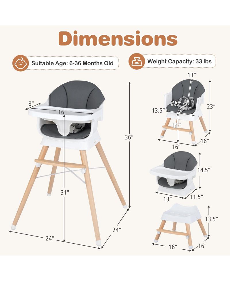 Solid Wood Baby Feeding Chair Convertible High Chair for Babies and Toddlers