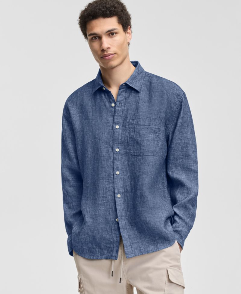 Men's 100% Linen Relaxed Long-Sleeve Garment-Dyed Shirt