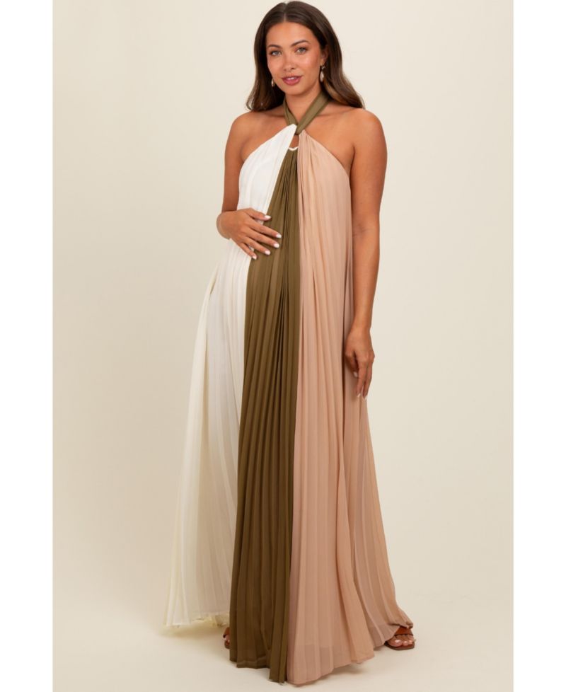 Women's Colorblock Pleated Halter Neck Maxi Dress