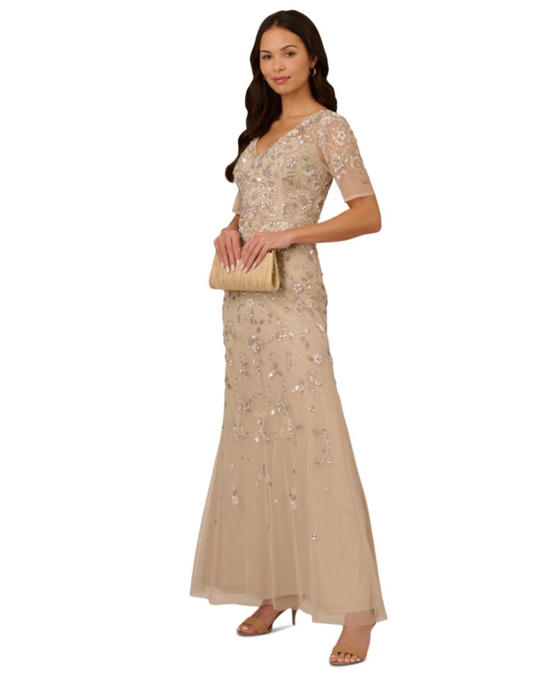 Women's V-Neck Beaded Short-Sleeve Mesh Gown
